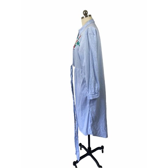 Zara Womens Shirt Maxi Duster Medium Blue Embroidered Floral Collared Tie Front - Picture 6 of 12